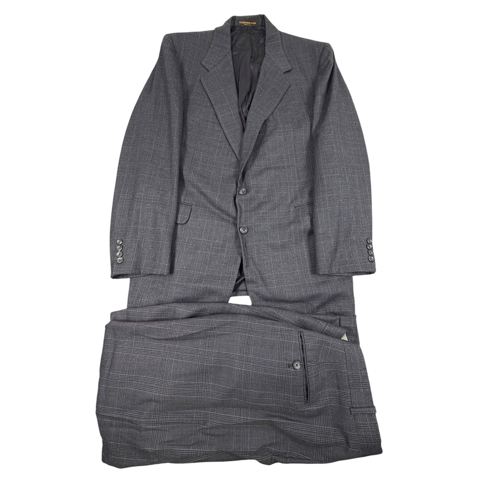 H Freeman & Son Men's 2 Piece Suit Set Glen Plaid Wool Gray 44R 36X32